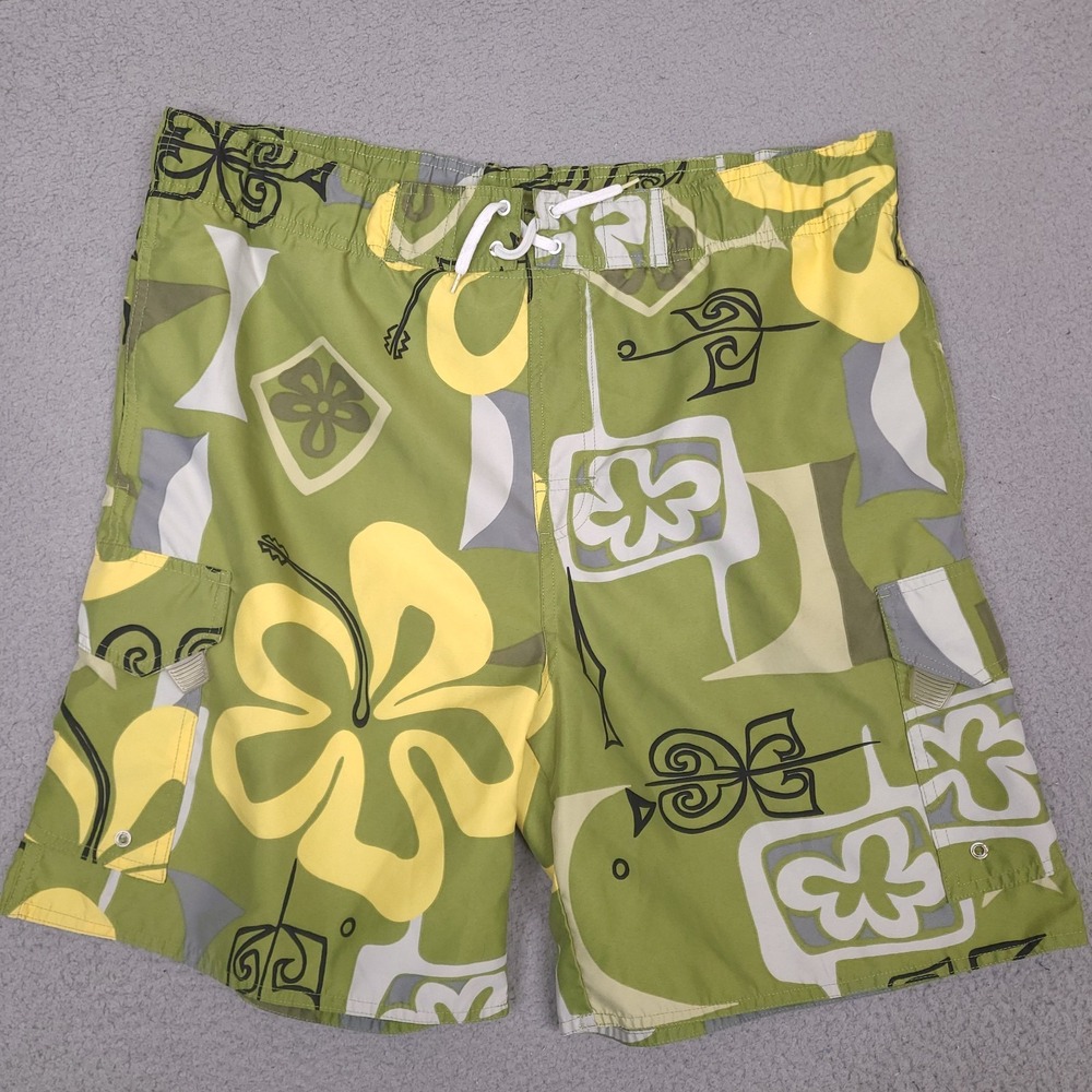 Breaking Waves Swim Trunks Mens Medium Green Floral Shorts Beach Lined 38‎ Waist
